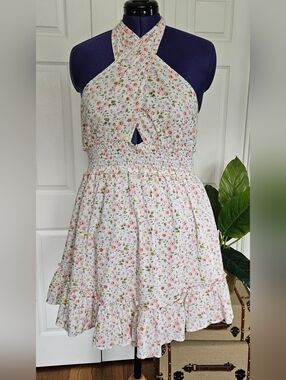 AERIE Spring Fling 100% Cotton Floral Crossover Halter Neckline Mini Dress!